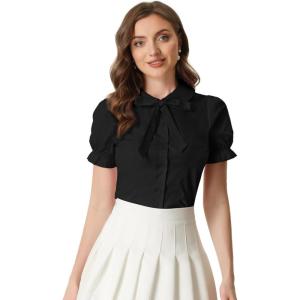 imageAllegra K Womens Vintage Peter Pan Collar Tie Neck Casual Cute Cotton ButtonUp ShirtBlack
