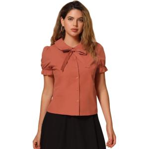 imageAllegra K Womens Vintage Peter Pan Collar Tie Neck Casual Cute Cotton ButtonUp ShirtBurnt Orange
