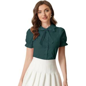 imageAllegra K Womens Vintage Peter Pan Collar Tie Neck Casual Cute Cotton ButtonUp ShirtDark Green