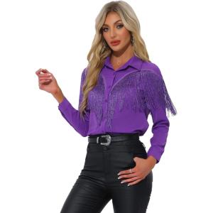 imageAllegra K Womens Western Fringe Blouse Long Sleeve Button Down Disco Cowgirl ShirtsDark Purple
