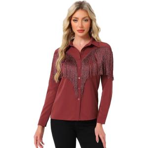 imageAllegra K Womens Western Fringe Blouse Long Sleeve Button Down Disco Cowgirl ShirtsDark Red