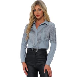 imageAllegra K Womens Western Fringe Blouse Long Sleeve Button Down Disco Cowgirl ShirtsGrey Blue
