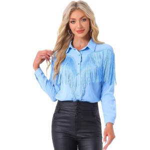 imageAllegra K Womens Western Fringe Blouse Long Sleeve Button Down Disco Cowgirl ShirtsSky Blue