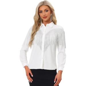 imageAllegra K Womens Western Fringe Blouse Long Sleeve Button Down Disco Cowgirl ShirtsWhite