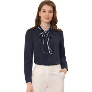 imageAllegra K Womens Work Blouse Tie Neck Long Sleeve Shirts Button Down Elegant Office Business Top 2025Dark Blue