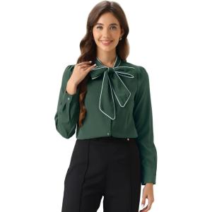 imageAllegra K Womens Work Blouse Tie Neck Long Sleeve Shirts Button Down Elegant Office Business Top 2025Dark Green