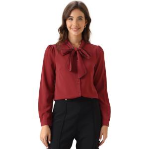 imageAllegra K Womens Work Blouse Tie Neck Long Sleeve Shirts Button Down Elegant Office Business Top 2025Dark Red