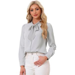imageAllegra K Womens Work Blouse Tie Neck Long Sleeve Shirts Button Down Elegant Office Business Top 2025Light Grey