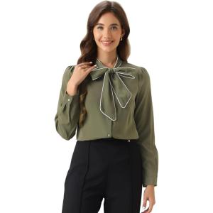 imageAllegra K Womens Work Blouse Tie Neck Long Sleeve Shirts Button Down Elegant Office Business Top 2025Navy Green