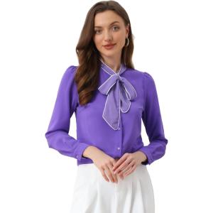 imageAllegra K Womens Work Blouse Tie Neck Long Sleeve Shirts Button Down Elegant Office Business Top 2025Purple