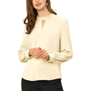 imageAllegra K Womens Work Tops Dressy Casual Shirts Mock Neck Keyhole Business Casual Long Sleeve BlouseBeige