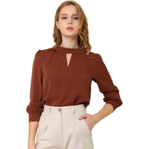 imageAllegra K Womens Work Tops Dressy Casual Shirts Mock Neck Keyhole Business Casual Long Sleeve BlouseBrown
