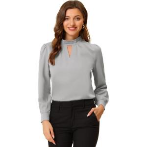 imageAllegra K Womens Work Tops Dressy Casual Shirts Mock Neck Keyhole Business Casual Long Sleeve BlouseGrey