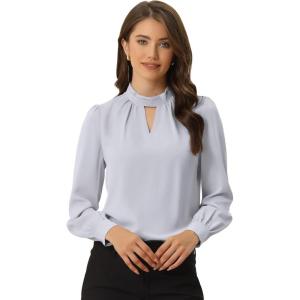 imageAllegra K Womens Work Tops Dressy Casual Shirts Mock Neck Keyhole Business Casual Long Sleeve BlouseGrey White