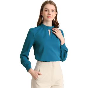 imageAllegra K Womens Work Tops Dressy Casual Shirts Mock Neck Keyhole Business Casual Long Sleeve BlousePeacock Blue