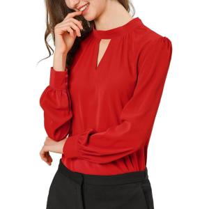 imageAllegra K Womens Work Tops Dressy Casual Shirts Mock Neck Keyhole Business Casual Long Sleeve BlouseRed