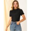 imageAllegra K Womens Ruffle Frilled Crochet Lace Panel Mock Neck Short Sleeve Shirt BlouseBlack
