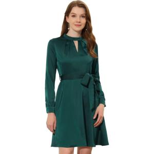 imageAllegra K Aline Dress for Womens Elegant Satin Keyhole Tie Waist Dress for WorkDark Green