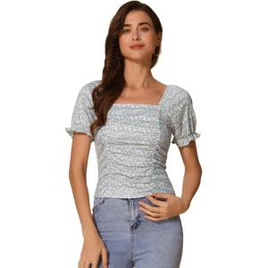 imageAllegra K Smocked Crop Top for Womens Slim Fit Floral Peasant BlouseGrey
