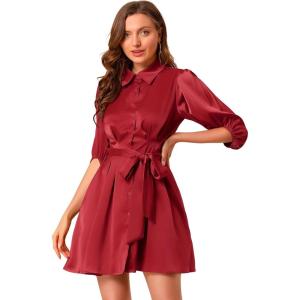 imageAllegra K Womens Elegant Satin Dresses Pleated Waist ALine Belted Puff Sleeve Shirt DressWine Red