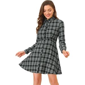 imageAllegra K Womens Plaids Button Down Cotton Mini ALine Shirt DressBlack