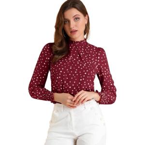 imageAllegra K Womens Printed Ruffled Mock Neck Puff Long Sleeve Casual Blouse TopWine Reddots