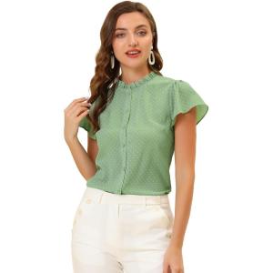imageAllegra K Womens Ruffle Summer Dots Print 1950s Retro Short Sleeve Button Down Blouse TopPea Green