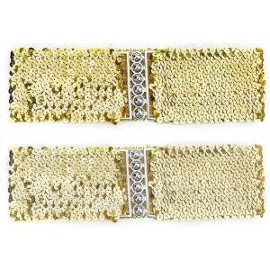 imageuxcell Ladies Sequins Decor Metal Interlooking Buckles Elastic Waist BeltGold  Gold