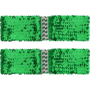 imageuxcell Ladies Sequins Decor Metal Interlooking Buckles Elastic Waist BeltGreen  Green