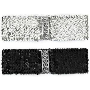 imageuxcell Ladies Sequins Decor Metal Interlooking Buckles Elastic Waist BeltSilver  Black