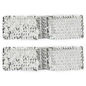 imageuxcell Ladies Sequins Decor Metal Interlooking Buckles Elastic Waist BeltSilver  Silver