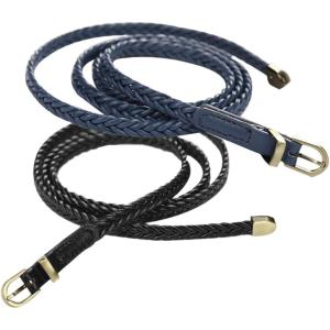 imageuxcell Women Skinny Braided Belt Woven  Pin Buckle Casual Waist Belt for DressesBlacknavy Blue