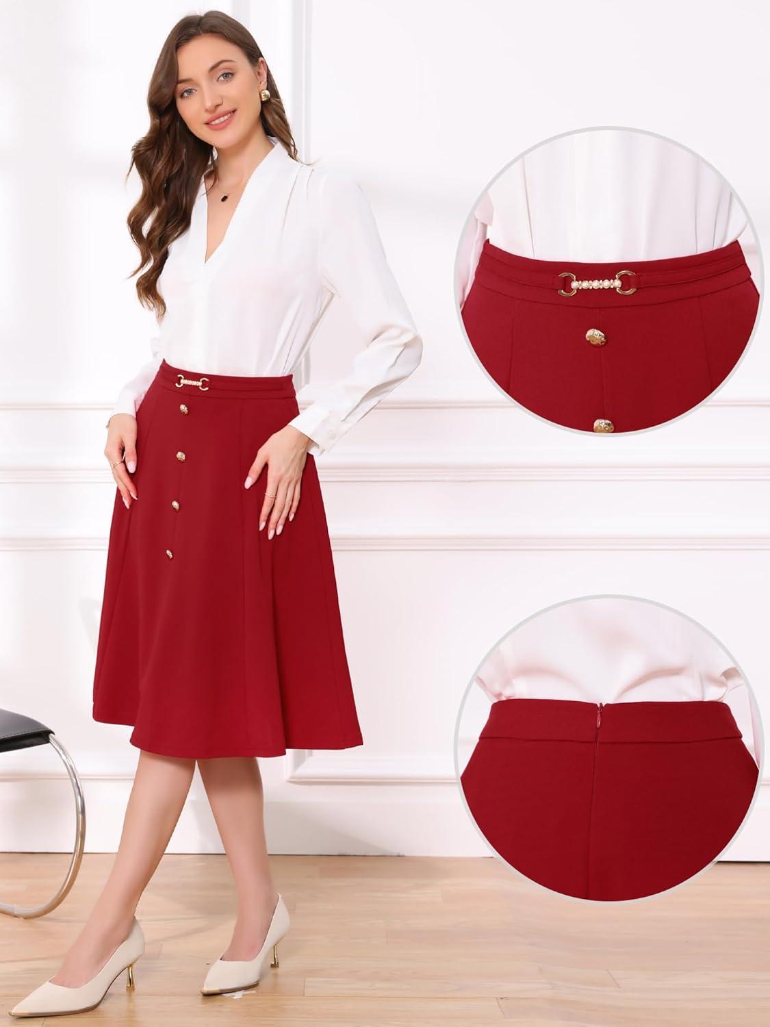 imageAllegra K ALine Midi Pleated Skirt for Womens Vintage Work High Waist Flare Business SkirtsRed