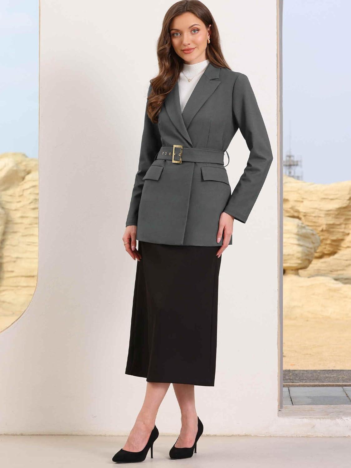 imageAllegra K Blazers for Women Business Casual Long Sleeve Office Work Belted Long Blazer Suit JacketDark Gray