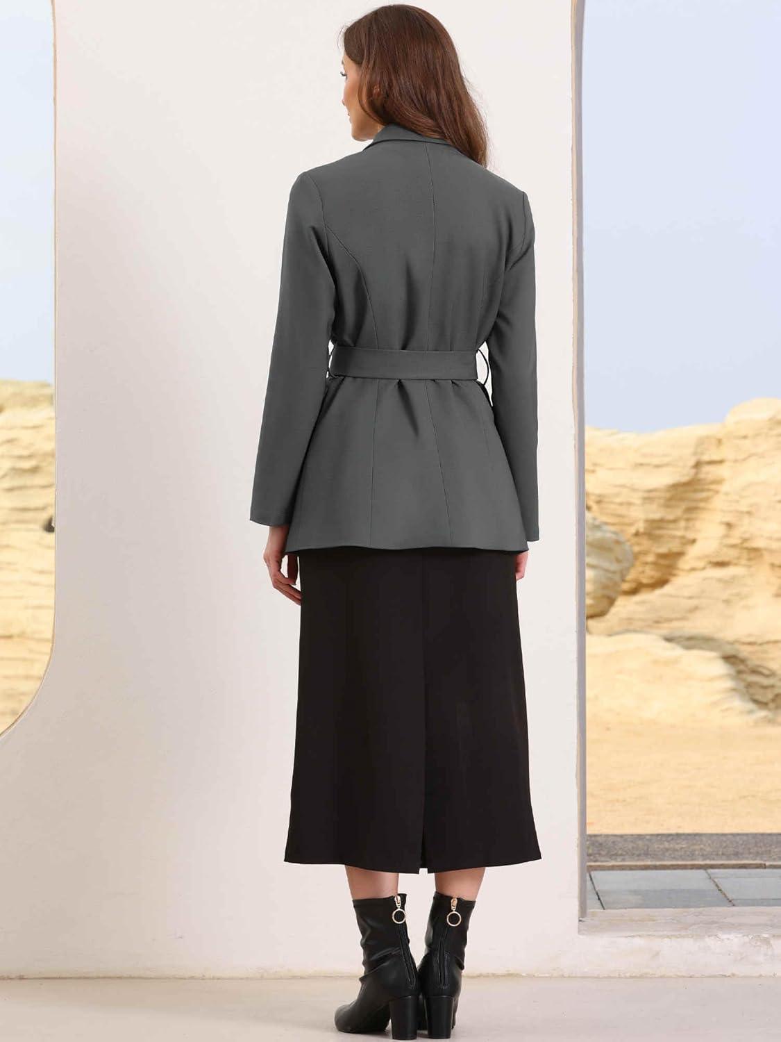 imageAllegra K Blazers for Women Business Casual Long Sleeve Office Work Belted Long Blazer Suit JacketDark Gray