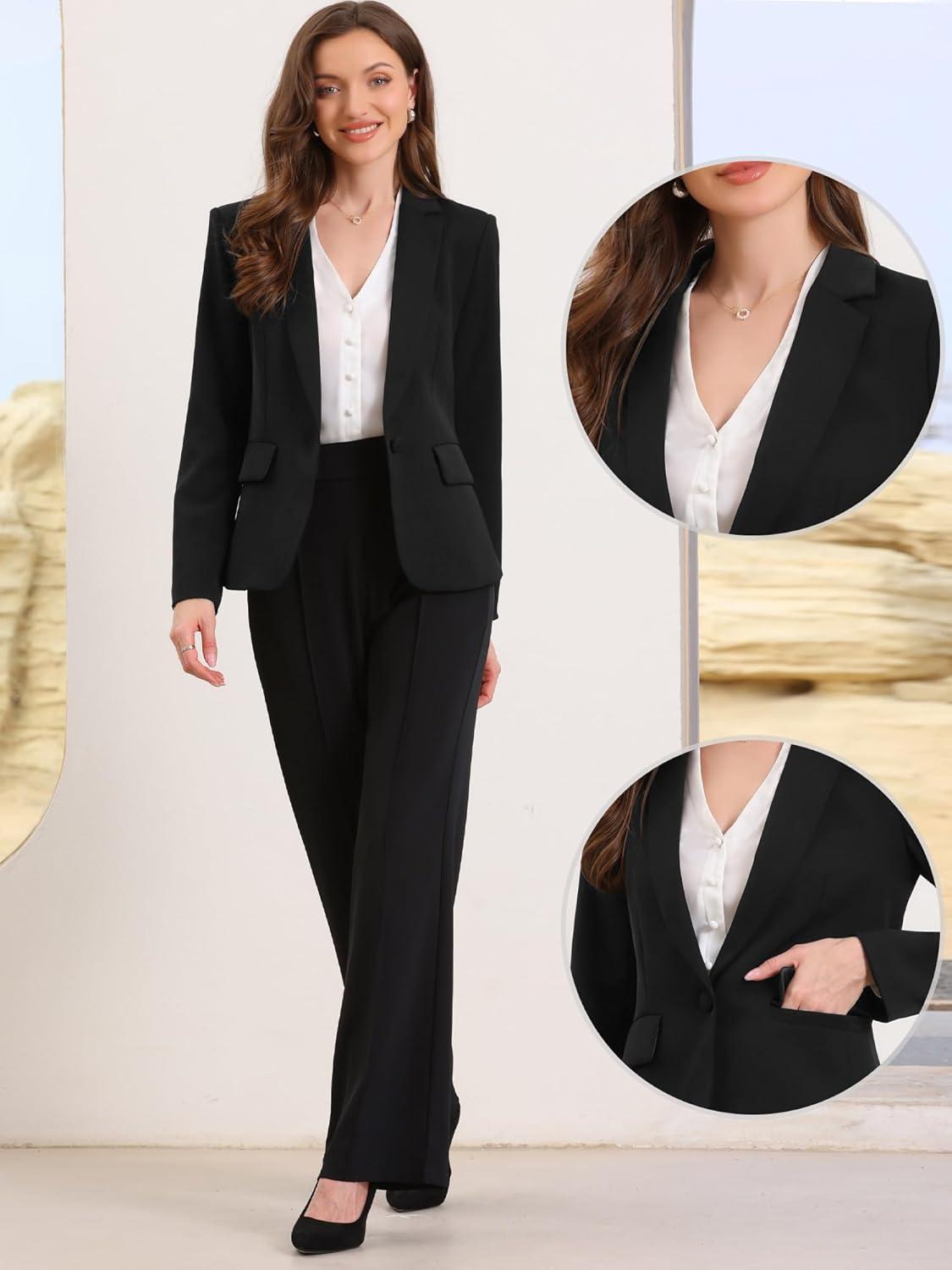 imageAllegra K Blazers for Women Business Casual Long Sleeve One Button Pockets Suit Jackets Work Office Blazer with Shoulder PadsBlack
