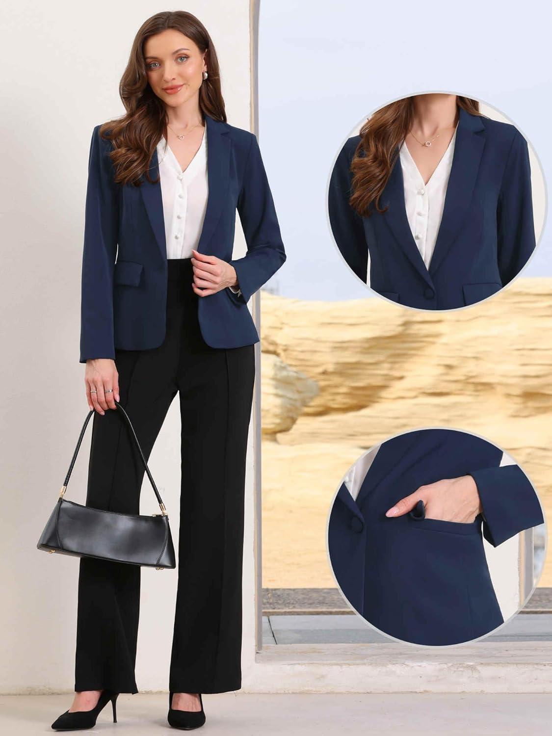 imageAllegra K Blazers for Women Business Casual Long Sleeve One Button Pockets Suit Jackets Work Office Blazer with Shoulder PadsDeep Blue