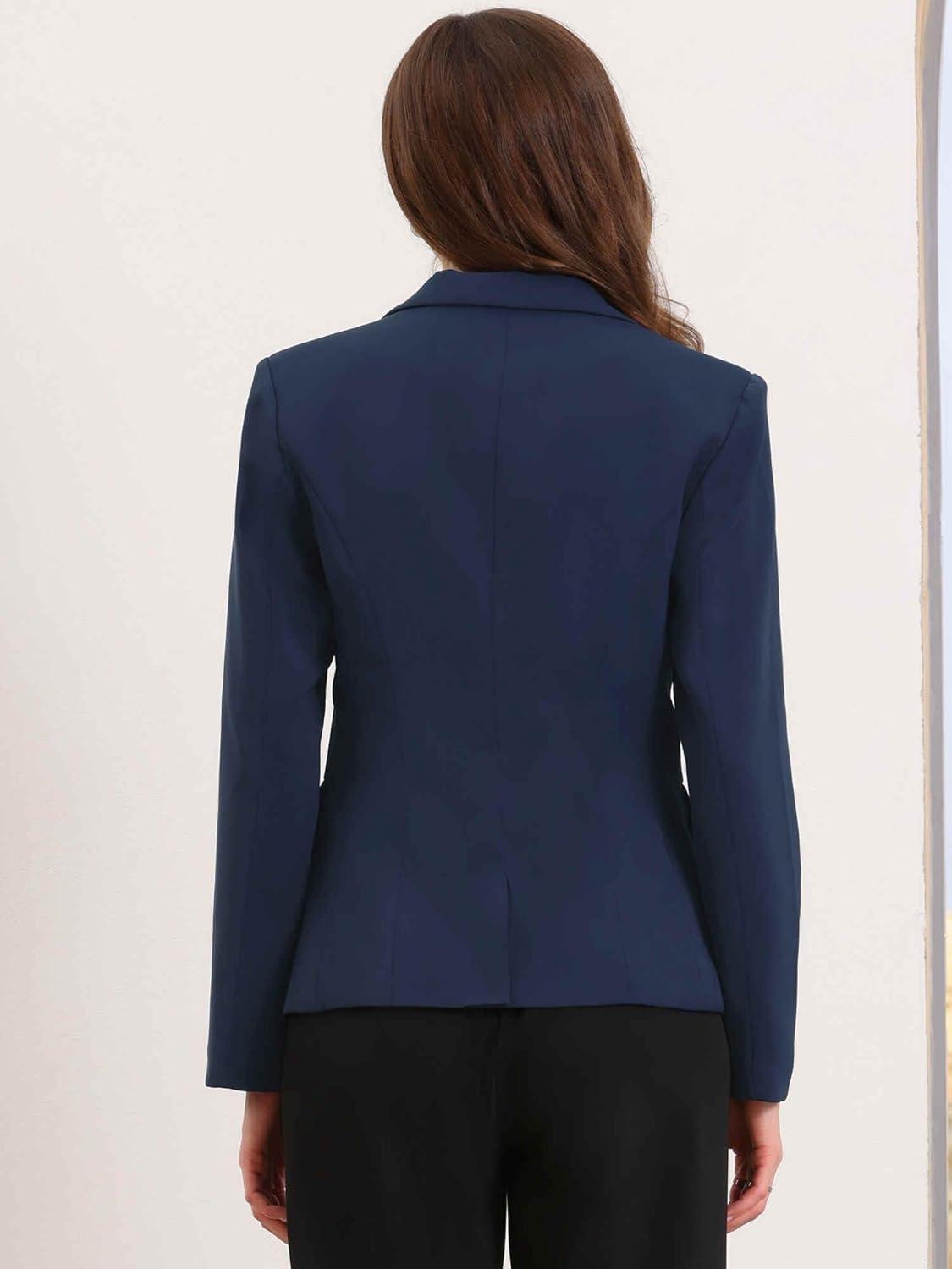 imageAllegra K Blazers for Women Business Casual Long Sleeve One Button Pockets Suit Jackets Work Office Blazer with Shoulder PadsDeep Blue
