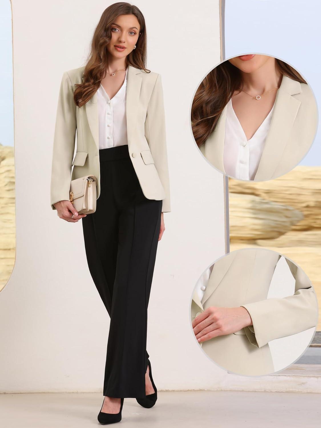imageAllegra K Blazers for Women Business Casual Long Sleeve One Button Pockets Suit Jackets Work Office Blazer with Shoulder PadsKhaki