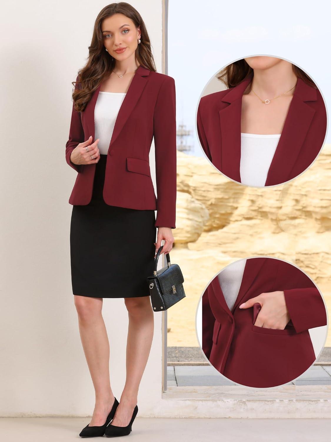 imageAllegra K Blazers for Women Business Casual Long Sleeve One Button Pockets Suit Jackets Work Office Blazer with Shoulder PadsWine Red