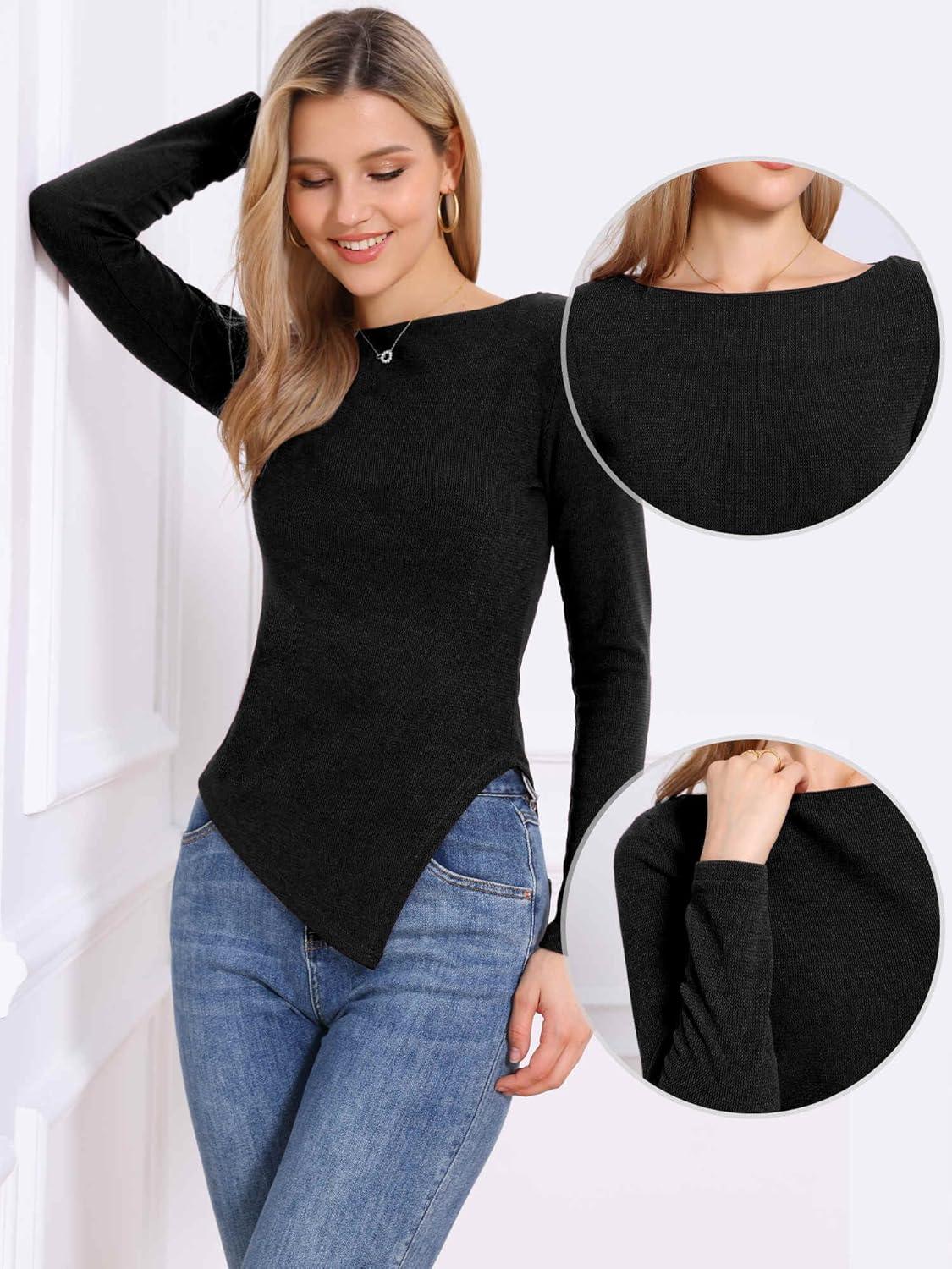 imageAllegra K Boat Neck Sweater for Womens Fall High Low Winter TopBlack