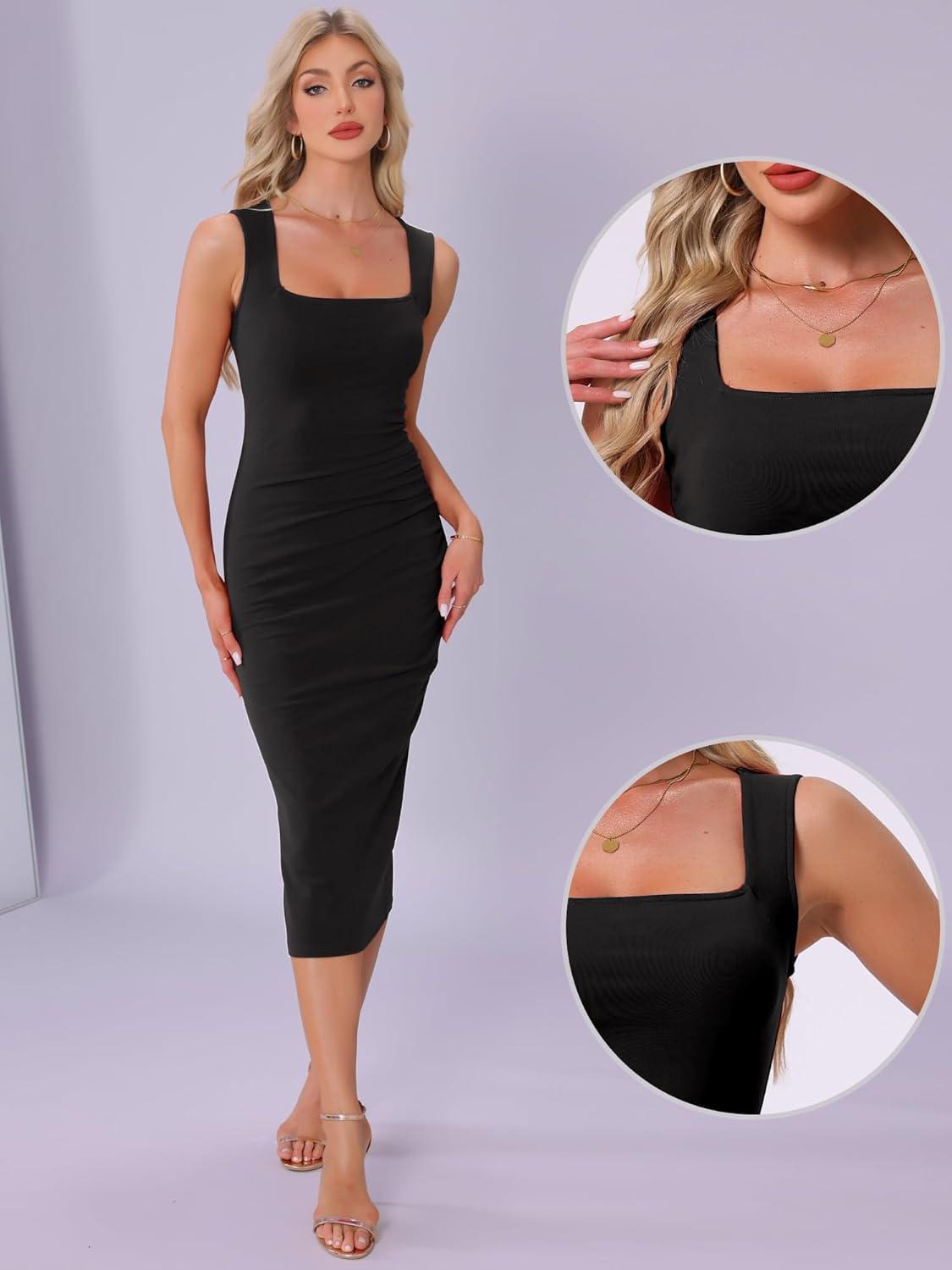 imageAllegra K Bodycon Dresses for Women Elegant Square Neck Sleeveless Waisted Ruched Tank Midi DressBlack