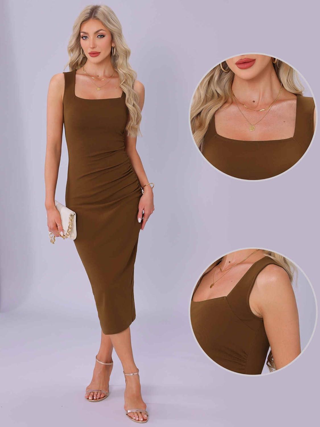 imageAllegra K Bodycon Dresses for Women Elegant Square Neck Sleeveless Waisted Ruched Tank Midi DressBrown