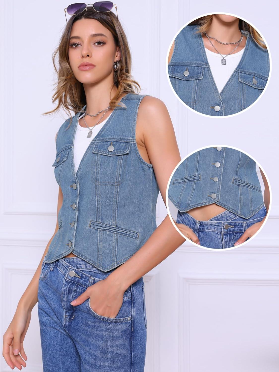 imageAllegra K Collarless Denim Vest for Womens Button Down V Neck Western Waistcoat Sleeveless Jean JacketBlue