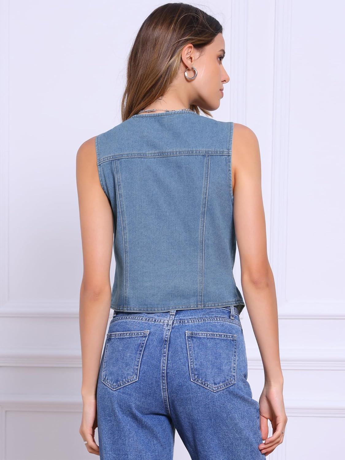 imageAllegra K Collarless Denim Vest for Womens Button Down V Neck Western Waistcoat Sleeveless Jean JacketBlue