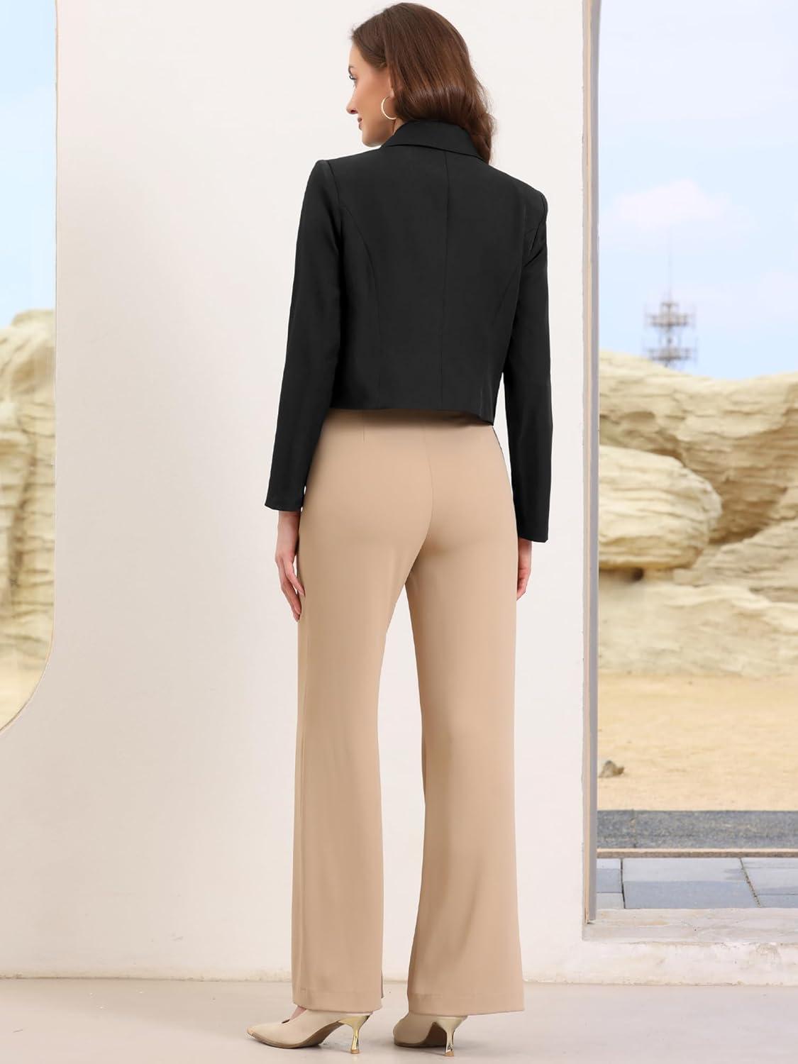 imageAllegra K Cropped Blazer for Women Notched Collar Long Sleeve Suit Jacket Business Casual BlazersBlack