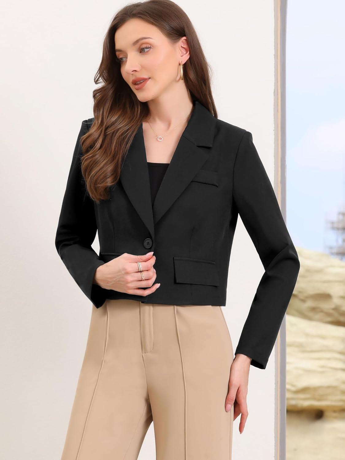 imageAllegra K Cropped Blazer for Women Notched Collar Long Sleeve Suit Jacket Business Casual BlazersBlack