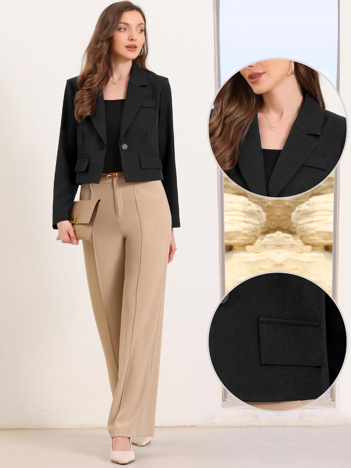 imageAllegra K Cropped Blazer for Women Notched Collar Long Sleeve Suit Jacket Business Casual BlazersBlack