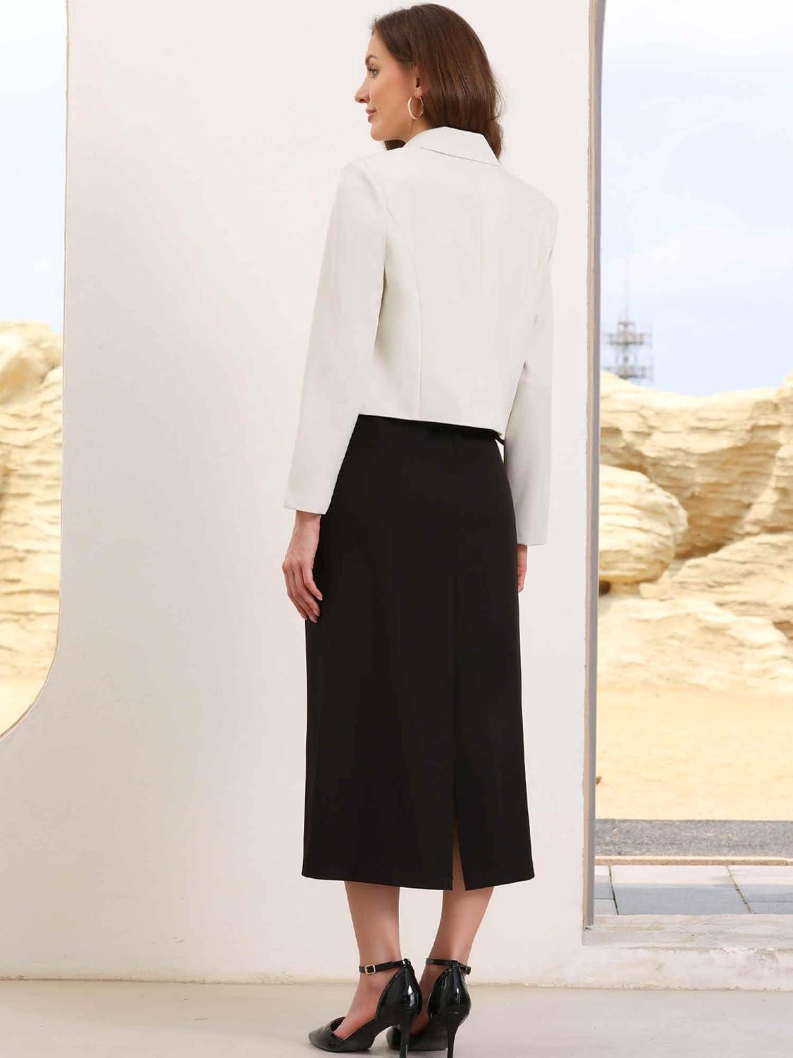 imageAllegra K Cropped Blazer for Women Notched Collar Long Sleeve Suit Jacket Business Casual BlazersWhite