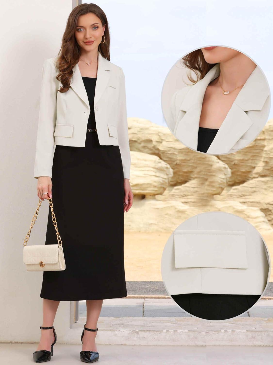 imageAllegra K Cropped Blazer for Women Notched Collar Long Sleeve Suit Jacket Business Casual BlazersWhite